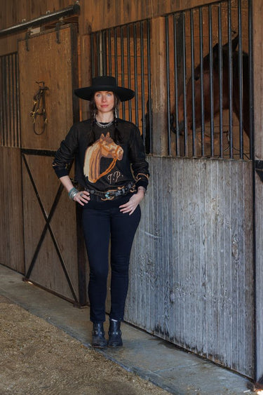 Bridle Knit Sweater by Tasha Polizzi at 6Whiskey, six whisky, Ariana sweater, black sweater, horse graphic, layer piece, fall, winter, soft, cozy, comfy, round neckline, elegant, elevated, western, preppy, put together, it-girl, classy, southern, texas. Front view.