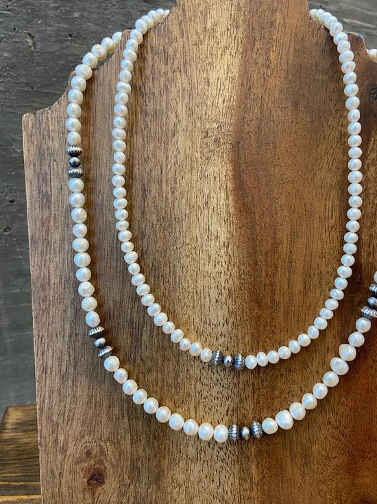 Freshwater Pearls with silver beads necklaces at 6Whiskey six whisky navajo pearls, sterling silver, 18" lenght or 16" lenght adjustable clasp