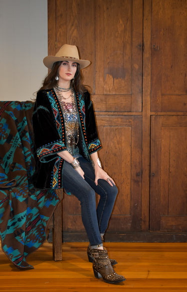 Tasha Polizzi Baldwin Cardigan chocolate brown velvet with colorful emboridery for women at 6Whiskey six whisky fall/holiday