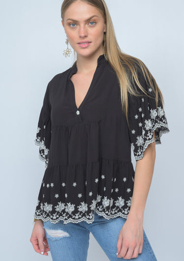 Black short bell sleeve top with white embroidery by ivy jane at 6Whiskey six whisky for women spring 2021