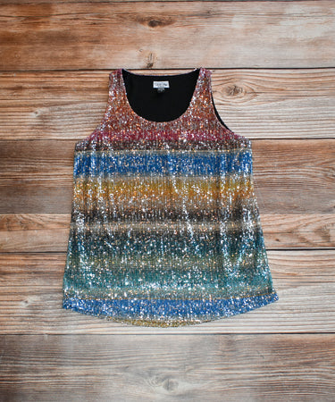 Tasha Polizzi Sparkly Sequin Natasha Rainbow Holiday Tank at 6Whiskey six whisky Flat lay