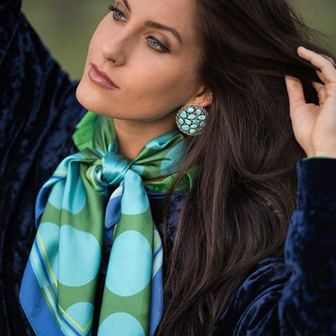 Dottie West Scarf at 6Whiskey, six whisky, square scarf, silk, satin, soft, breathable, warm weather, chic, elevated western, polka dots, green, light blue, dark blue, contrast boarder, long scarf, belt, hat accessory, bag accessory, playful, bold, polished, eye-catching, year-round, spring, summer, front view.