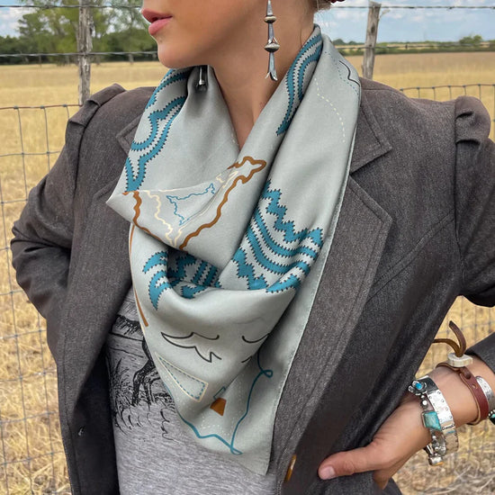 Tucumcari Silk Scarf at 6Whiskey six whisky by Fringe Scarves boot inspired western light blue tied