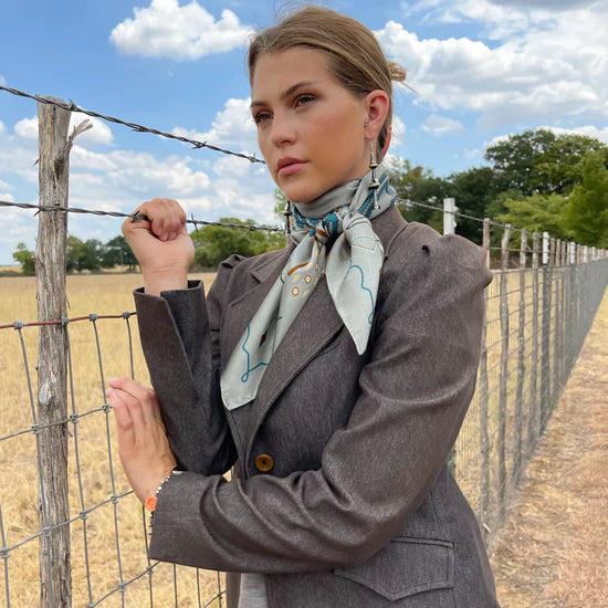 Tucumcari Silk Scarf at 6Whiskey six whisky by Fringe Scarves boot inspired western light blue professional