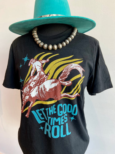 Black graphic t-shirt saying let the good times roll at 6Whiskey six whisky mens womens bella canvas tee