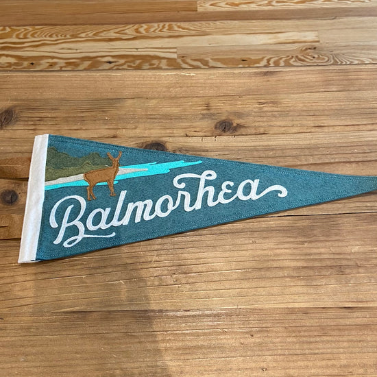 Balmorhea Texas State Park Handmade Felt Pennant at 6Whiskey six whisky in color teal featuring a deer and water