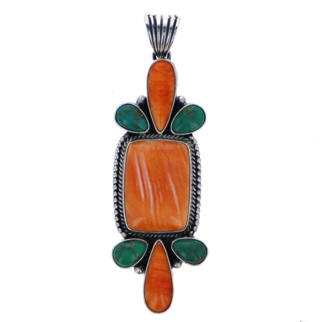 Orange & green necklace pendant in sterling silver native American 6 Whiskey spiny oyster and Carico Lake Turquoise