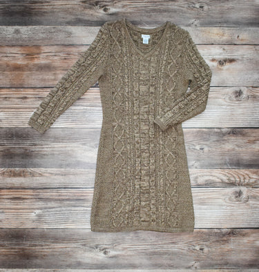Brown Cable Knit Dress at 6Whiskey six whisky Tasha Polizzi beige v neck mid tight length mini dress slim fit winter womens dresses long sleeve trimmed