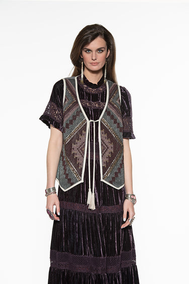 Whiskey Marshall Vest at 6Whiskey six whisky Double Ranch DDR slight relaxed fit beaded V941 Barons Ball Holiday patterned front tie tassel gray grey blue brown beige tan gold vest