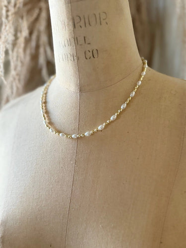 Gold and Pearl Necklace at 6Whiskey six whisky jewelry accessory gold plated oval shaped pearl beaded womens 16 inch length
