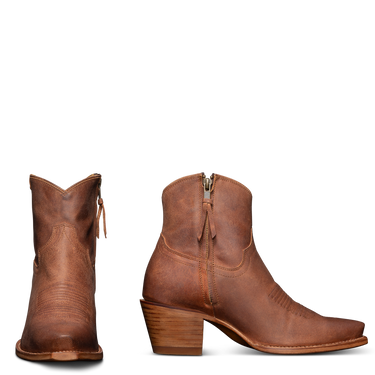 Women’s Tecovas Daisy ankle cowboy boots in scotch brown goat leather with side zipper, fashion heel at 6Whiskey six whisky bryan college station