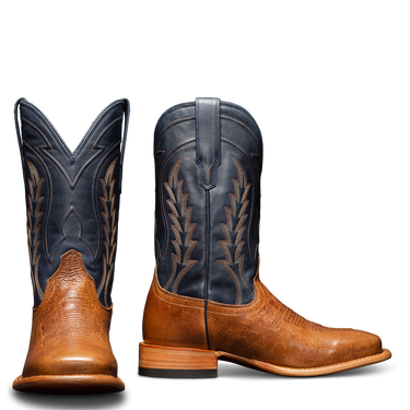 Men’s Tecovas Doc cowboy boots in tan bison leather with navy blue shaft, western embroidery, and square toe at 6Whiskey six whisky bryan college station texas