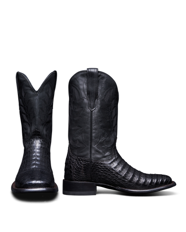 Men’s Tecovas William cowboy boots in midnight black caiman leather with western-stitched shaft and classic square toe at 6Whiskey at six whisky bryan college station texas 