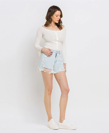 Saltwater Super High Rise Mom Shorts in light wash with distressed detailing, styled for summer outfits at 6Whiskey six whisky womens denim jean short western