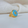 Turquoise Orb Ring at 6Whiskey, six whisky, gold, openwork detailing, artisan, craftsmanship, elevated, elegant, timeless, classic western, Santa Fe, southwest style, texas, southern, rodeo, country concert, bold ring, eye-catching, unique, light blue, front view