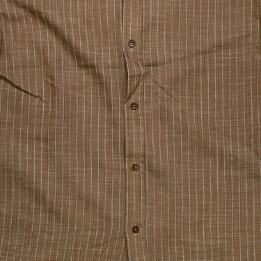 Willow Brown Short Sleeve at 6Whiskey six whisky A short-sleeve brown button-down shirt with subtle white vertical pinstripes, laid flat on a white background.
