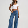Bailey Wide Leg Jeans by Wrangler at 6Whiskey, six whisky, comfort, no stretch, rodeo, concert, errands, work, casual western, everyday, versatile, effortless, durable, stylish, women's fashion, women's clothing, blue jeans, denim, medium wash, flattering, W stitching, 5-pocket design, wrangler roping logo, belt loops, front view