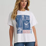 Western Collage Graphic Tee by Wrangler at 6Whiskey, six whisky, short sleeve, crew neckline, soft, comfortable, casual, western, laid back, effortless, everyday, errands, at home, weekend to weekday, lightweight, summer, spring, navy blue, vintage, red lettering, cowboy hat, longhorn, flag, front view