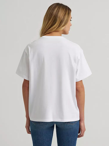 Western Collage Graphic Tee by Wrangler at 6Whiskey, six whisky, short sleeve, crew neckline, soft, comfortable, casual, western, laid back, effortless, everyday, errands, at home, weekend to weekday, lightweight, summer, spring, navy blue, vintage, red lettering, cowboy hat, longhorn, flag, back view