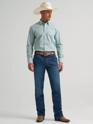 Moss Stripe men’s button down by Wrangler at 6Whiskey, six whisky, Cody Johnson One pocket button down shirt, hidden button collared, front pocket, long sleeve, stripped, light green, blue green, airy, breathable, summer, spring, pop of solar, transition top, refined, texas, spirit of the west, classic western, Cody Johnson logo on cuff, cuffed, front view