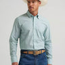 Moss Stripe men’s button down by Wrangler at 6Whiskey, six whisky, Cody Johnson One pocket button down shirt, hidden button collared, front pocket, long sleeve, stripped, light green, blue green, airy, breathable, summer, spring, pop of solar, transition top, refined, texas, spirit of the west, classic western, Cody Johnson logo on cuff, cuffed, front view