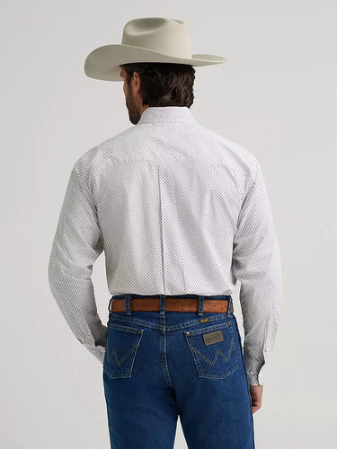 White Waves Classic Western Shirt by Wrangler at 6Whiskey, George straight one pocket button down shirt, neutral, white, long sleeve, white, waves, geometric, dotes, rodeo, date night, country concert, dancing, adjustable cuffs, back view
