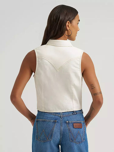Ivory Cowgirl Snap Vest by Wrangler at 6Whiskey, six whisky,  womens sleeveless denim snap shirt, dual front flap pockets, wrangler stitching logo, front placket, wide collar, tank, cropped, texas chic, western modern, versatile, summer, spring, warm weather, gameday, rodeo, concert, lunch, everyday western, comfortable, back view