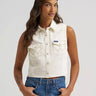 Ivory Cowgirl Snap Vest by Wrangler at 6Whiskey, six whisky,  womens sleeveless denim snap shirt, dual front flap pockets, wrangler stitching logo, front placket, wide collar, tank, cropped, texas chic, western modern, versatile, summer, spring, warm weather, gameday, rodeo, concert, lunch, everyday western, comfortable, front view
