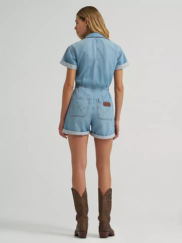 Light wash ranch romper by Wrangler at 6Whiskey, six whisky, Women’s denim snap utility romper, wide collar, snap closure, adjustable belt, front pockets, side pockets, cuffed short sleeves and shorts, durable, year-round, modern western, flattering, casual western, SEC gameday, tailgate, sports season, breathable, summer, spring, back view