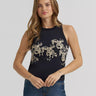 Shadow Stallion Tank by Wrangler at 6Whiskey, six whisky, Cowboy Tank in Lainey Wilson X Wrangler collection, sleeveless, tank top, black, beige ucking bronco rider graphic across front, ribbed cuff, high round neckline, soft, comfortable, breathable, lightweight, summer, spring, layer piece, must-have, retro western, cool girl, it girl, front view