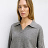 Weekender Collared Knit Sweater at 6Whiskey, six whisky, Delilah sweater, long sleeve, grey, piping, ribbed detailing, Johnny collar, soft, cozy, comfortable, casual, work outfit, women's fashion, basic, must-have, layer piece, year-round, relaxed fit, oversized, classic, loungewear, at home outfit, errands, lunch date, versatile, front view.