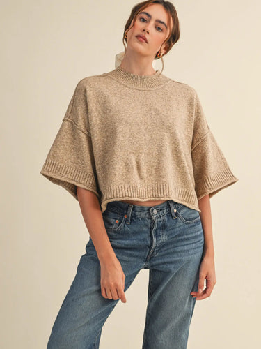 Sutton Sweater Top in Mocha at 6Whiskey, six whisky, cropped, relaxed, oversized, comfortable, soft, cozy, ribbed mock neck, ribbed hem, ribbed sleeves, wide short sleeves, raw hem, casual, chic, elevated, classy, neutral, everyday, versatile, office wear, work top, stretchable, lightweight, fall, spring, summer, front view.