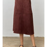 Chocolate Suede Midi Skirt at 6Whiskey, six whisky, side pockets, high waisted, paneling, lines, a-line, flattering, casual western, work wear, office outfit, womens fashion, flowy, fall, winter, transition piece, brown, dark brown, front view.