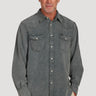 Frontier Cord in Charcoal by True Grit at 6Whisky, six whisky, Jackson cord western shirt, pearl snap closure, button-down, button-up, long sleeve, distressed wash, vintage, elevated western, rodeo, date night, western yoke stitching, collared. Front view.