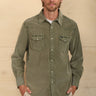 Frontier Cord in Plantoon Green by True Grit at 6Whiskey, six whisky, Jackson cord western shirt,  button down, button up, collared, vintage western, casual western, pearl snap closure, front pockets, snowcap garment dye and wash. Front view. 