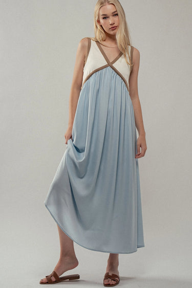 The Seabreeze Contrast Maxi Dress with bold piping detail, sleeveless design, and flowy full-length skirt in blue 6Whiskey six whisky womens summer casual brunch dress 