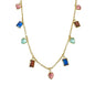 Color Crush Necklace at 6Whiskey, six whisky, gold chain, thin chain, blue, teal, turquoise, brown, amber, red, pink, heart, emerald, pendant, charm, colorful, multicolor, eye catching, feminine, fun, flirty, layer piece, bold, front view.