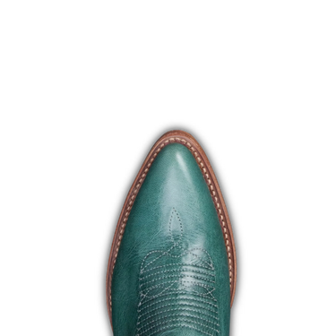 Abby Boot in turquoise by Tecovas at 6Whiskey, six whisky, sagebrush, wholesale exclusive, goat leather, cracked leather, western stitching in caramel and light blue, ivory, light brown wooden stacked 2" leather heel, 17" shaft, tall boot, modern cowgirl, timeless, feminine, fashionable, classy, fun, flirty, sassy, pop of color, rodeo, country concert, southwestern, elevated western, detail view.