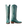 Abby Boot in turquoise by Tecovas at 6Whiskey, six whisky, sagebrush, wholesale exclusive, goat leather, cracked leather, western stitching in caramel and light blue, ivory, light brown wooden stacked 2" leather heel, 17" shaft, tall boot, modern cowgirl, timeless, feminine, fashionable, classy, fun, flirty, sassy, pop of color, rodeo, country concert, southwestern, elevated western, front view.