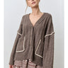 Cottage Stitch Cardigan at 6Whiskey, six whisky, long sleeve, soft, cozy, oversized, western, neutral, western casual, contrast piping on hem and front pockets, large buttons, feminine, rustic, lunch date, errands, front view.