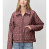 Rose Ranch Quilted Jacket at Whiskey, six whisky, mix match quilt, long sleeve, warm, lightweight, collar, zipper front, floral, espresso brown, muter brown, dark brown, layer, fall, winter, layering piece, western, casual, front view