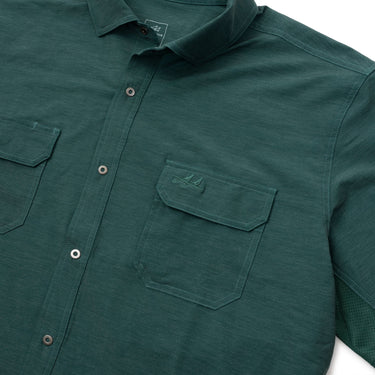 Rio Outdoor Button Down in Dark Teal by Two Dove at 6Whiskey, six whisky, collared, short sleeves, front button placket, dual front pockets, breathable, comfortable, lightweight, refined, rugged, elevated western, date night, outdoors, hunting, fishing, texas, country, dark green, greenish blue, ventilation at pits, sweat stain proof, detail view