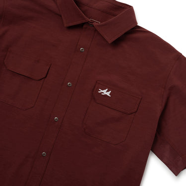 Rio Outdoor Button Down in Maroon by Two Dove at 6Whiskey, six whisky, front button closure, collared, short sleeves, dual front pockets, hidden sunglasses zipper, outdoors, durable, rugged, refined, casual western shirt, date night, ring day, aggie game day, texas a&m, sec gameday, tailgates, hot texas weather, men's gift, detail view