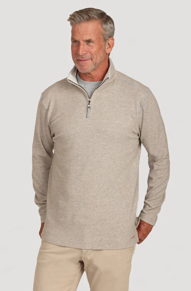 F1M51SKS Daybreak 1/4 zip in Soft Brown by True Grit at 6Whiskey, six whisky, quarter zip, beige, neutral tone, soft, comfy, comfortable, stretchable, office, golf, weekend, fall, winter, layer, work wear, cuffs, long sleeve, moisture wicking, performance shirt. Front view. 