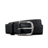 Men's Black Cowhide Belt by Tecovas at 6Whiskey, six whiskey, nickel-brass silver hardware, 5 holes adjustable, high quality leather, durable, western, elevated, elegant, sleek, day to night, casual or dressy, must-have, men's gift, accessory, leather belt, front view.