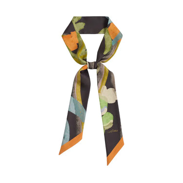 Mirage Silk Twilly at 6Whiskey, six whisky, ethereal mirage, grey, black, green, yellow, blue, white, orange, double-sided, scarf, western accessory, versatile, transition, spring, summer, lightweight, muted earth tones, desert print, cactus, floral, painted, rodeo, country concert, lunch, errands, work, everyday, tie view