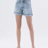 Front view of The Bluebonnet High Rise Cuffed Denim Shorts in light wash, styled for summer outfits at 6whiskey six whisky womens 