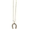Lucky Bling Necklace by Claire Morgan Kuprycz at 6Whiskey, six whisky, gold chain delicate, horseshoe pendant, emerald gemstone, oval gemstone, circular crystals, lone star, texas, southern, southwestern, vintage western, timeless, elegant, casual, layer necklace, front view.