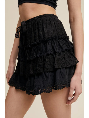 Black Lace Tiered Shorts at 6Whiskey, six whisky, bow detail, high waisted, scallop trim, lace, floral, vintage, edgy western, western, timeless, stylish, feminine, flirty, romantic, effortless, chic, layer, side view.