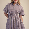 Easy Ride Stripe Dress at 6Whiskey, six whisky, short sleeve, vertical stripe, horizontal stripe sleeve, v-neck, short, flattering, feminine, chic, classy, lunch date, errands, casual outing, cinched waist, adjustable bow detail, button detail, southern charm, front view